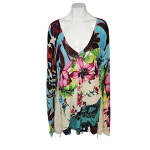 Desigual Womens V-Neck Floral, Loose Knit, Fringe Side, Embellished Top, Size XL